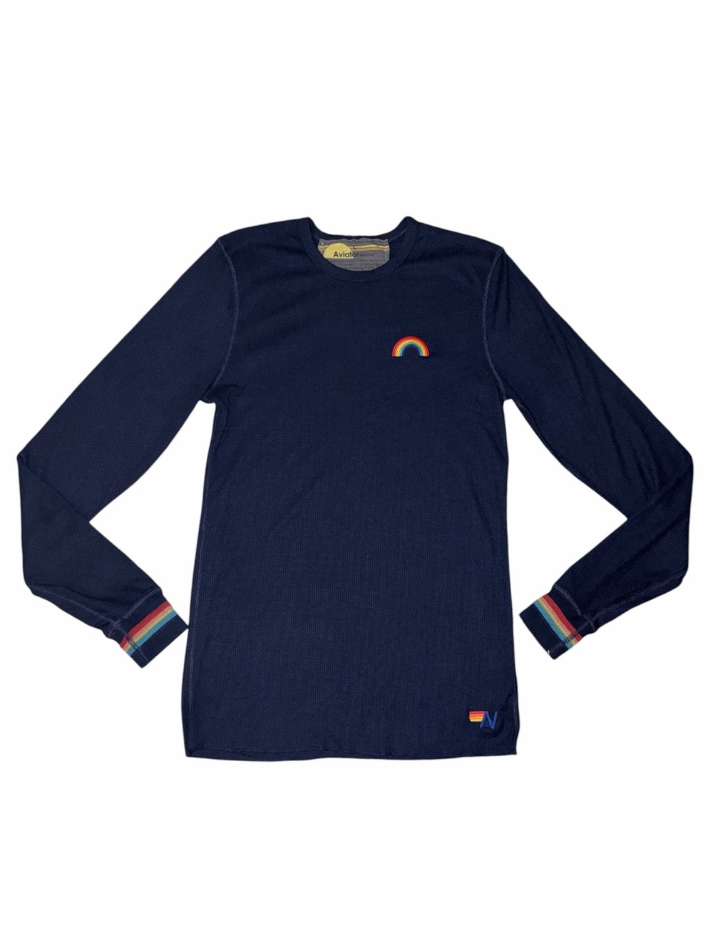 EUC Aviator Nation Embroidered Navy Thermal Tee Rainbow Cuffs Large Athleisure